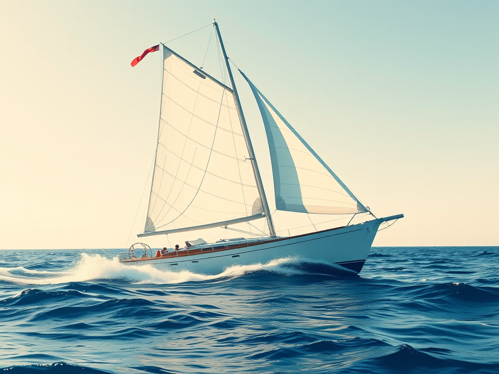 Create a high-resolution vector graphic of a sailboat with flowing lines and a dynamic feel, captured with a Canon EOS R5 in aperture priority mode at f/8, ISO 100, 24mm lens, with a wide-angle view to emphasize the movement of the sails.