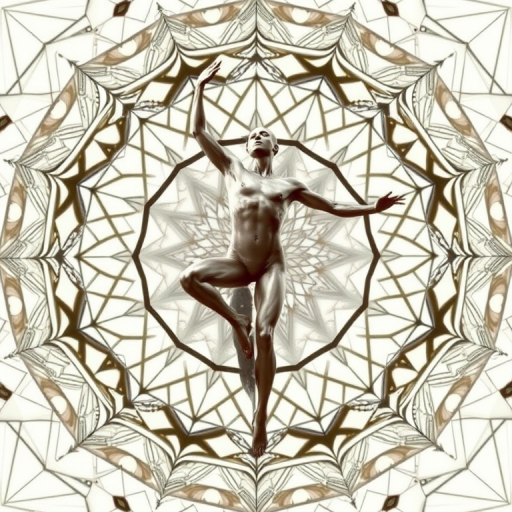 Generate a high-resolution image of a human figure in a dynamic pose, surrounded by an intricate geometric pattern, using a DSLR camera with a 50mm lens at f/1.8, ISO 200, shot in portrait mode with natural lighting to enhance details and contrast.