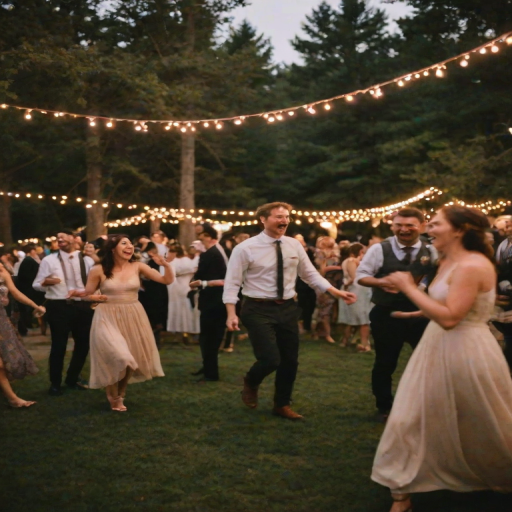 Blurry candid shot of a wedding reception at dusk, with string lights hanging from trees, soft golden light illuminating the dance floor, and guests blurred in joyful movement.