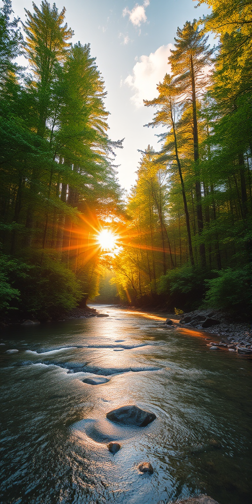 Create an image of a serene, sunlit forest scene with a clear, gently flowing river. Tall trees with lush green foliage line both sides of the river, their leaves bathed in the warm golden light of the setting or rising sun. The sunlight filters through the trees, casting soft, dappled light on the river, which flows over smooth rocks and pebbles, creating a peaceful, natural atmosphere. The sky is bright with a few scattered clouds, and the overall mood is tranquil, evoking a deep sense of connection with nature. The image captures the beauty of a calm, pristine forest landscape at either dawn or dusk.