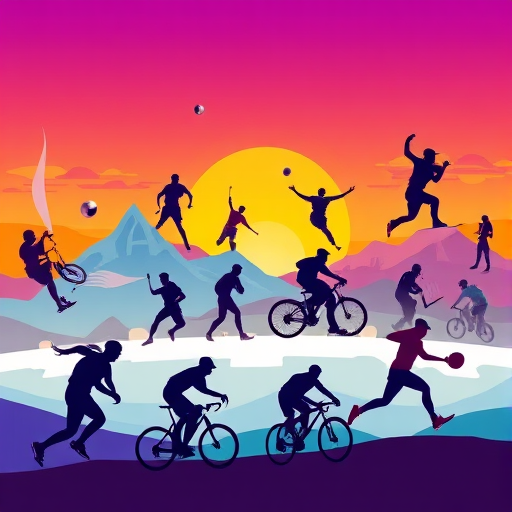 Create a vibrant and dynamic illustration of various sports silhouettes, featuring skiing, running, cycling, throwing, and playing baseball, with a background of stylized landscapes in bright colors, using a digital art style with high resolution, set to a 1920x1080 canvas size, employing a wide-angle view to capture action and movement.