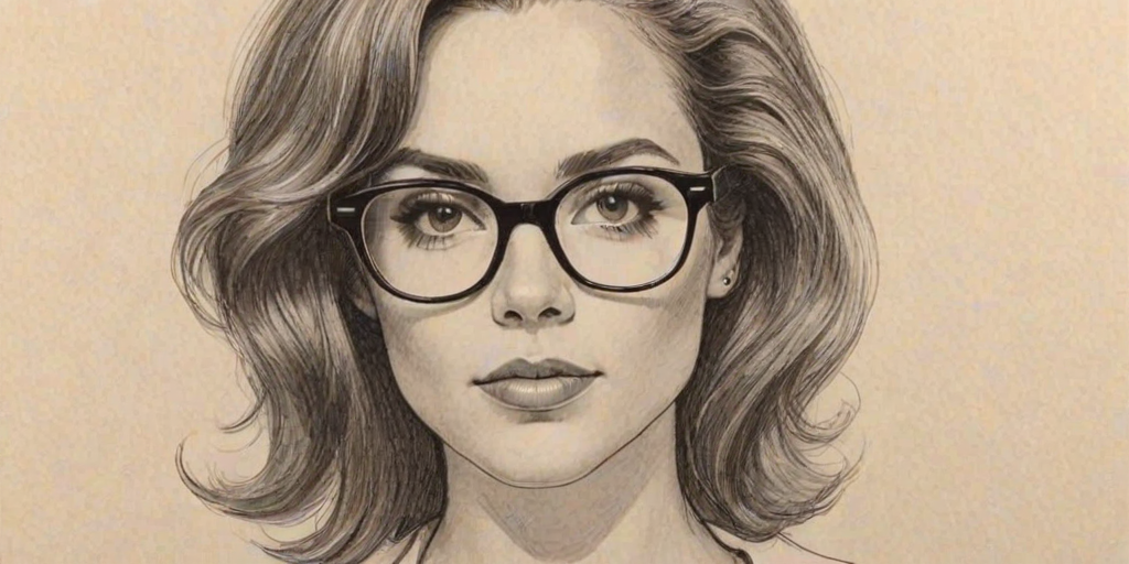 Pleasing Brittany Bell, pencil sketch, portrait of Bewitching woman 1966s in glasses, hair style beatnik, outline, clear lines, fine lines, 8k
