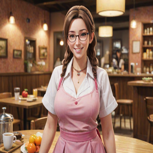 masterpiece, best quality, absurdres, unity 8k wallpaper, official art, official style, source_anime, uncensored, game cg, megami magazine, AMSC, 1girl, glasses, waitress, solo, jewelry, pink apron, ponytail, pink skirt, fruit, shirt, skirt, standing, short sleeves, necklace, large breasts, happy, smile, looking at viewer,  food, table, indoors, cafe, photo background, restaurant