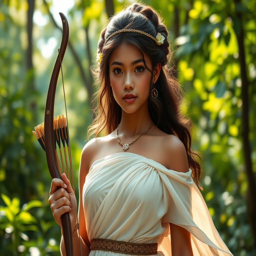 Create a portrait of a goddess-like Pacific Islander girl figure in a tranquil, forested environment. She has an elegant appearance with long, wavy hair styled in an updo and adorned with a delicate, floral headband. She wears a flowing, ancient Greek-inspired gown in a soft, pale color, featuring a one-shoulder design and draped fabric that accentuates her graceful form. The outfit includes a decorative belt with ornate gold detailing, and she holds a bow in her hand, with a quiver of arrows slung over her shoulder. The background depicts lush greenery, with sunlight filtering through the trees, casting a gentle, ethereal light on the scene. Her expression is calm and contemplative, embodying a sense of wisdom and serenity.