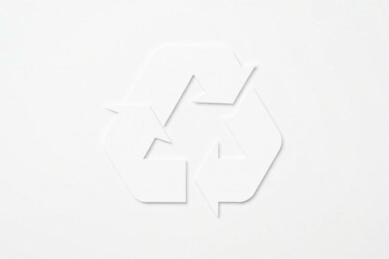 Create a high-resolution design of a recycling symbol with clean lines, using a DSLR camera set to f/2.8 aperture, ISO 100, 1/60 shutter speed, taken from a top-down view with a flat lay style for sharp detail and vibrant contrast.