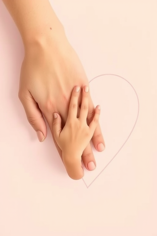 create a minimalist illustration of a large adult hand and a smaller child's hand overlapping on a soft pastel background with a delicate heart outline, using a Canon EOS R5 with a 50mm f/1.2 lens at ISO 100, aperture f/1.8, and a shallow depth of field for enhanced detail and softness