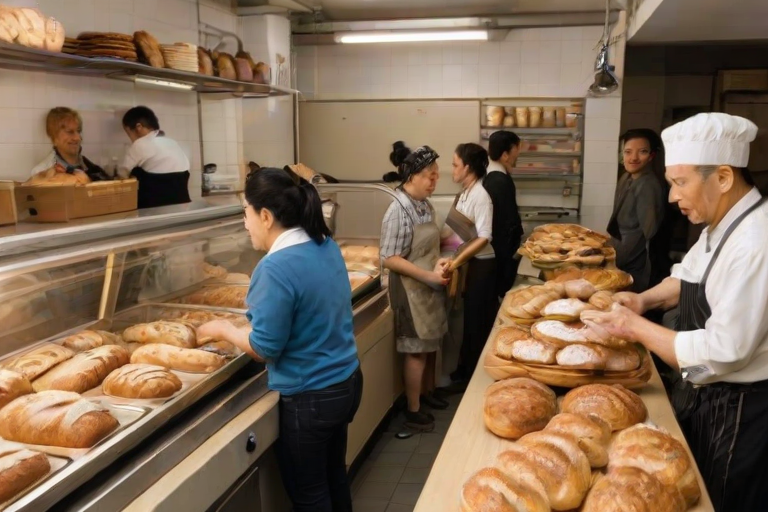 Bustling bakery, with a baker pulling fresh bread from the oven, customers eagerly waiting in line, and the warm aroma of baked goods filling the air, creating a sense of warmth and comfort.