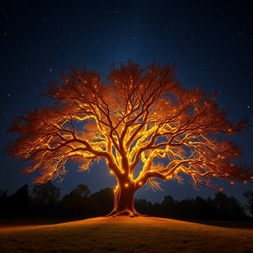 Create a high-resolution image of a majestic tree with glowing lights emanating from its branches, set against a mystical dark sky filled with stars, captured with a DSLR camera, 50mm lens, f/1.8 aperture, ISO 100, with a twilight view to enhance the magical atmosphere.