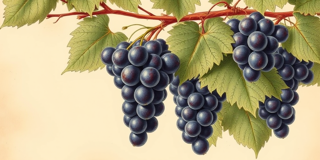 Regenerate a vintage botanical illustration of grapes on a vine with detailed leaves, using a high-resolution DSLR camera, 50mm lens at f/8 aperture, natural lighting, and 300 dpi to enhance image quality.