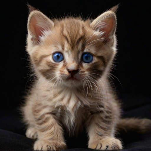 Create an image of a cute kitten with light brown fur, blue eyes, and a dark face, sitting against a black background.