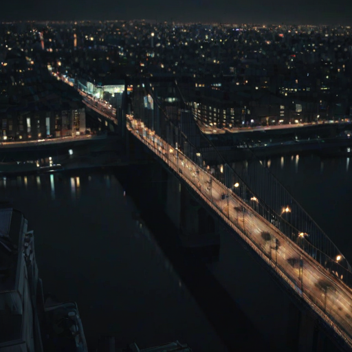 night dark, natural lighting, bridge focus, CandiBRIDGE, no humans, bridge, railing, city lights, cityscape, from above, negative space, intricately detailed illustration, depth of field, atmospheric perspective