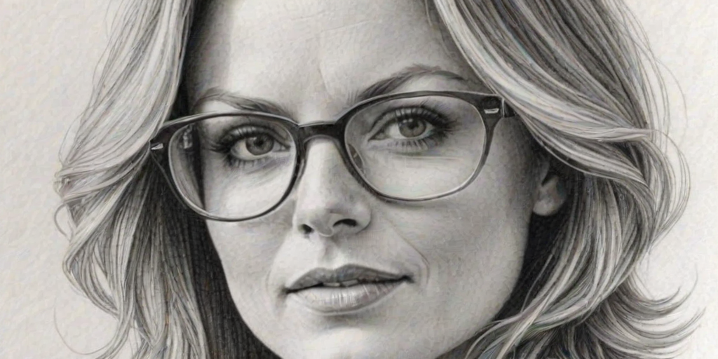 Enticing Geri Halliwell, pencil sketch, portrait of Enticing woman 1976s in glasses, hair style beatnik, outline, clear lines, fine lines, 8k
