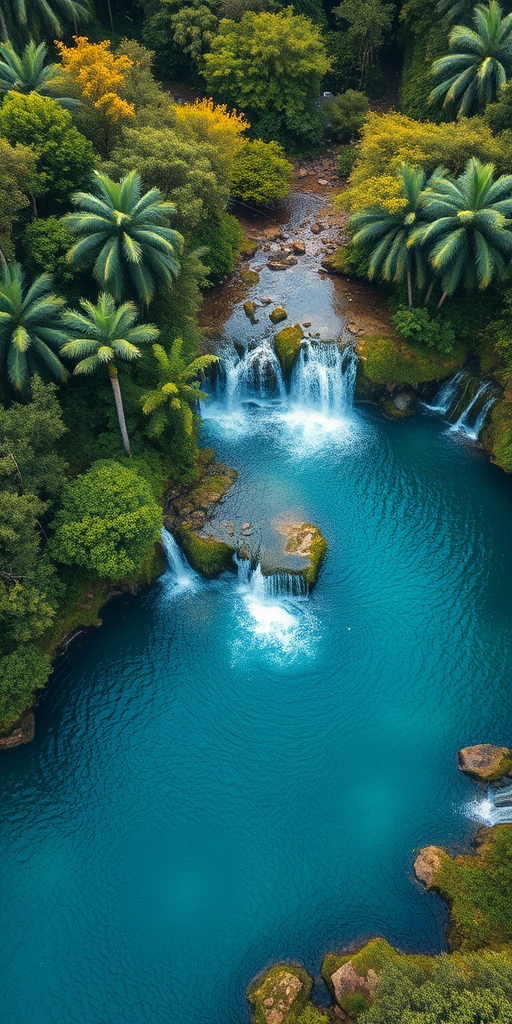 Regenerate an image of a serene water landscape featuring lush greenery, cascading waterfalls, and clear blue-green waters, captured with a Canon EOS R5, 24mm lens, f/8 aperture, ISO 100, 1/60 sec exposure, in a high dynamic range style from a bird's eye view to enhance details and vibrancy.