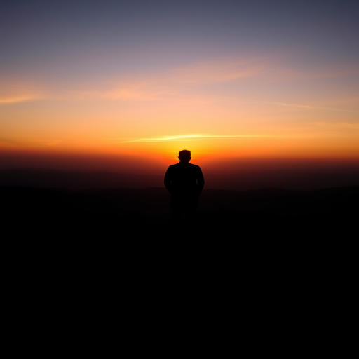 Create a high-resolution image of a silhouette of a person standing on a hilltop against a sunset background, using a DSLR camera with a 35mm lens at f/8 aperture, ISO 100, shutter speed 1/125 seconds, with a wide-angle view to capture the expansive sky and landscape, in a vibrant color style.