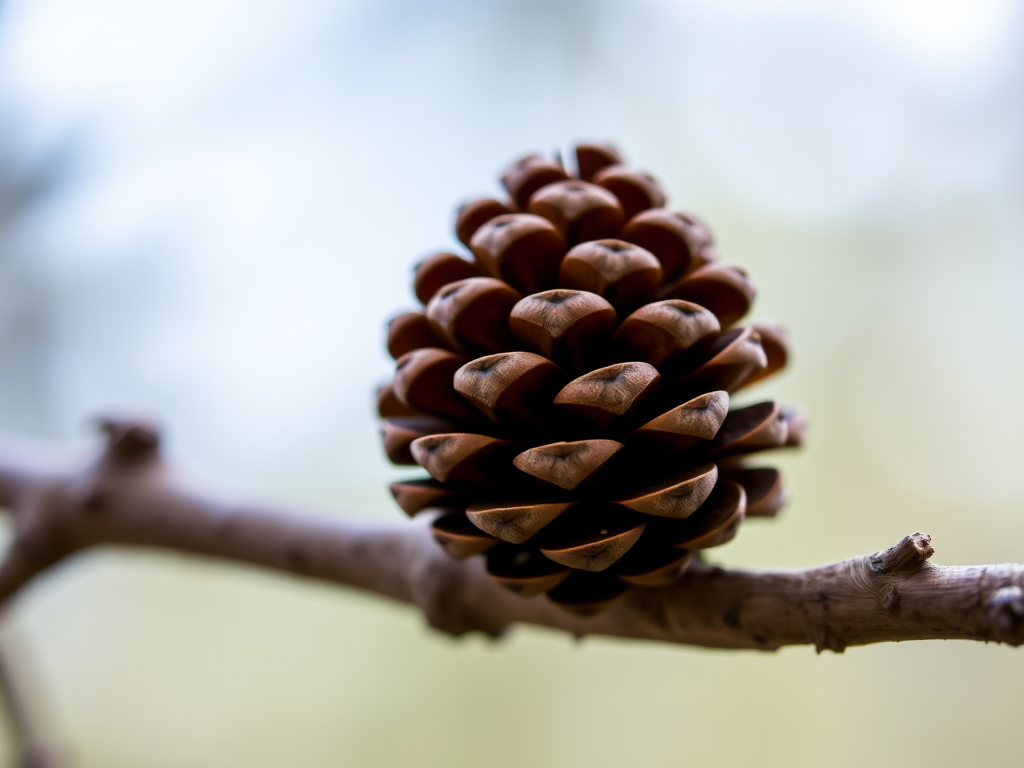 close-up of a pine cone on a tree branch, high-resolution, natural lighting, macro lens, aperture f/2.8, ISO 100, shot with a DSLR camera, focus on intricate details of the pine cone, smooth bokeh background