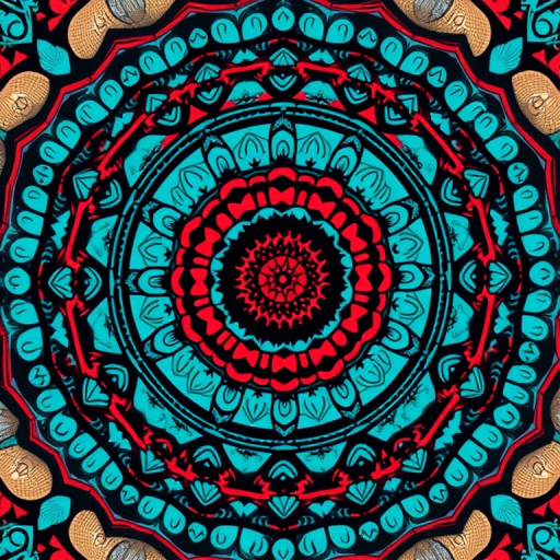 Create a vibrant mandala design featuring concentric circles in teal, red, and black with intricate patterns, using a Canon EOS R5, 50mm lens, f/2.8 aperture, ISO 100, and a top-down view to enhance clarity and detail.