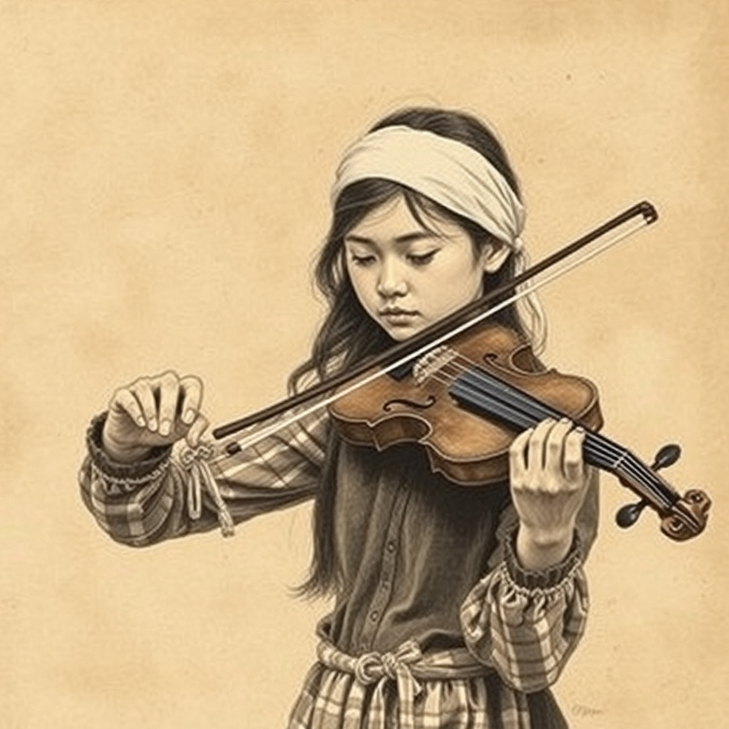 a young M'tis woman with a white headband playing a violin, in the style of a charcoal drawing, sepia grunge background