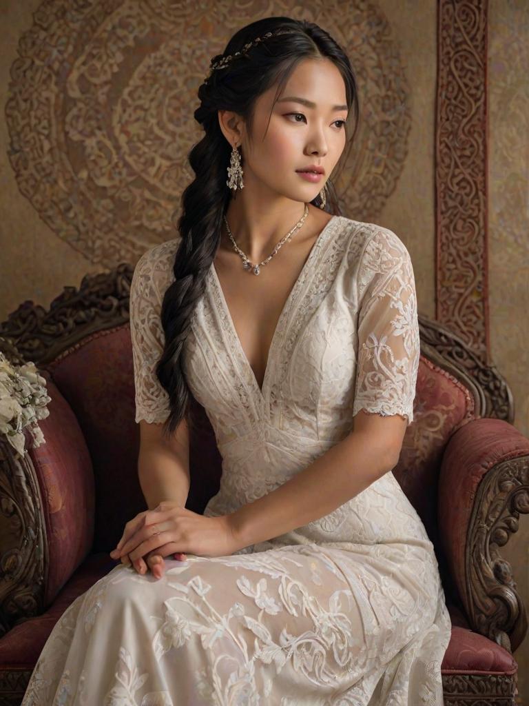 Create a portrait of a refined and elegant Tibetan woman seated in a sophisticated setting. She has long, wavy hair styled in two thick braids that are pulled over her shoulders. She wears a white, lace gown with intricate patterns, featuring a deep V-neckline and short sleeves. The dress exudes a vintage charm with its delicate lacework. She is adorned with ornate, dangling earrings that add a touch of glamour to her appearance. The background is softly lit, with warm, ambient lighting that creates a cozy and inviting atmosphere. Her expression is poised and serene, capturing a sense of grace and elegance.