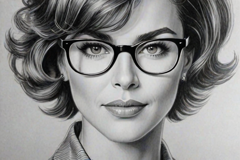 Fetching Lisa Rinna, pencil sketch, portrait of Splendid woman 1930s in glasses, hair style beatnik, outline, clear lines, fine lines, 8k