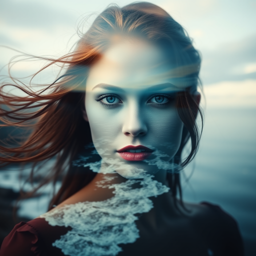 this photo is Book cover, A surreal double exposure portrait that blends a woman's face with a beautiful seascape. The overall mood is dreamy and mystical, with rich colors and intricate details