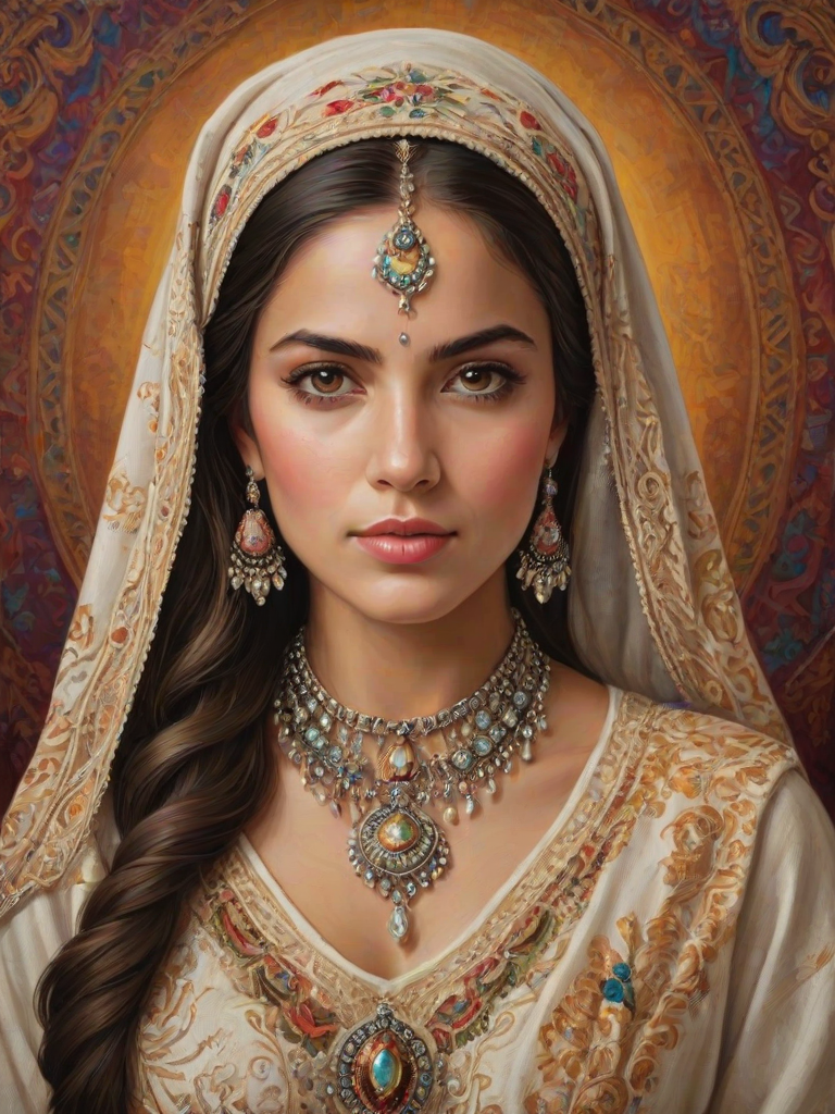 Create a portrait of a beautiful Hispanic woman with striking white eyes and a gentle expression. She is adorned in traditional attire with intricate patterns, including a richly embroidered headscarf and matching garments. Her jewelry includes a delicate headpiece, dangling earrings, and ornate bracelets, all featuring vibrant gemstones and detailed metalwork. The background is soft and warm, enhancing the rich colors of her outfit and jewelry.