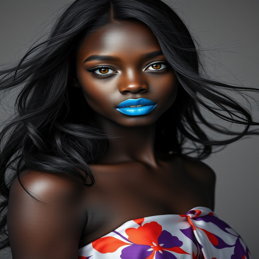 Photographic image of a beautiful young Afro-Caribbean woman, Yellow eyes, lips with cyan lipstick, long hair fluttering in the wind and wearing a silk strapless dress with a soft purple and orange print. monochrome image with only color highlights in the iris of the eyes, lipstick and dress. Gray background.