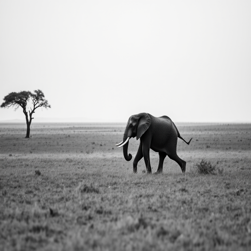 capture a majestic elephant walking across a vast savanna landscape in black and white, with a lone tree in the background, using a Canon EOS 5D Mark IV, 50mm lens, f/8 aperture, ISO 100, shutter speed 1/200s, soft natural lighting for enhanced details and contrast