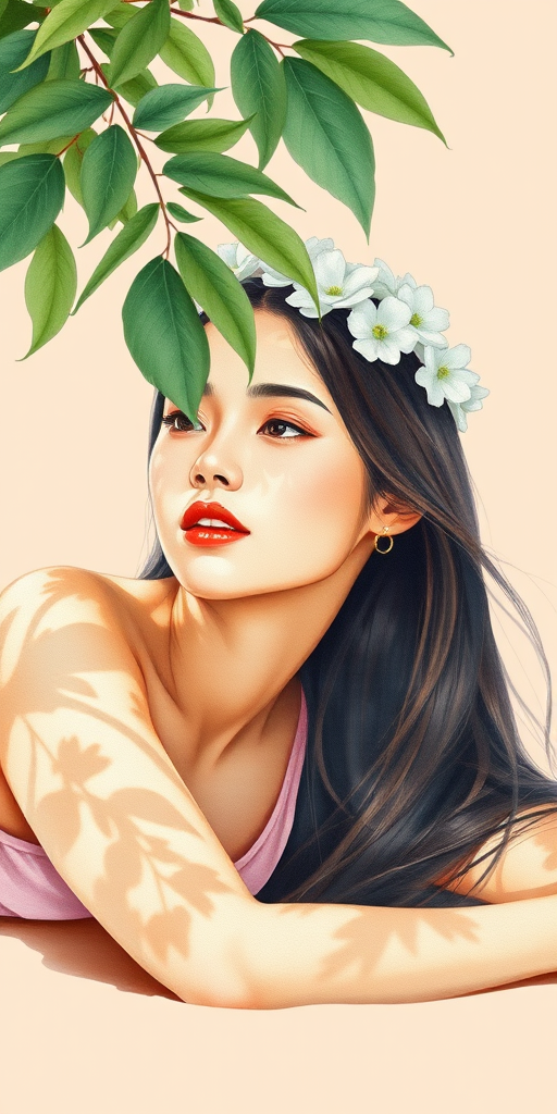 create a watercolor painting of an ethereal portrait of beautiful Tibetan woman with a simple white flower crown on her head. Her hair is long and she is lying on the ground. The sunlight on the trees casts shadows from the leaves on her face and body. The background is a neutral brown color that matches her skin tone. The image is minimalist and solid colors. This style is characterized by soft, delicate brushstrokes and a light, airy, contrasting color palette. High level of detail and play of light