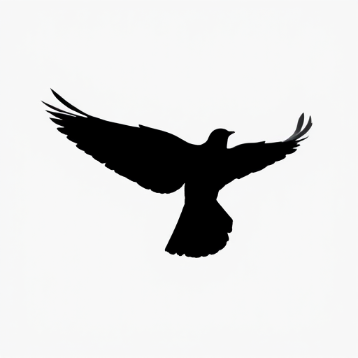 Create an image of a simple black silhouette of a bird in flight against a white background, captured with a Canon EOS R5 at f/8, ISO 100, 1/500s, shot from a low angle to enhance depth, using a wide-angle lens.