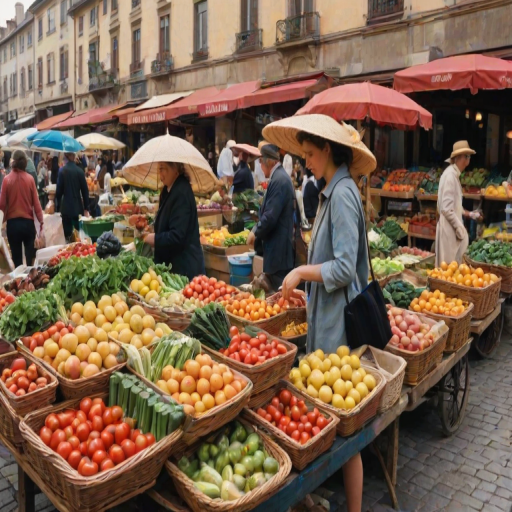 Bustling European market square, colorful umbrellas dot the stalls, a woman with a wide-brimmed hat browses fresh produce, her wicker basket already brimming with fruits and vegetables.