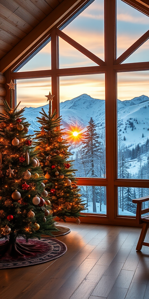 Generate an image of a cozy cabin interior during winter, featuring a beautifully decorated Christmas tree with ornaments and lights. The scene includes large windows showcasing a stunning snowy mountain landscape at sunset, with warm light illuminating the cabin's wooden features.