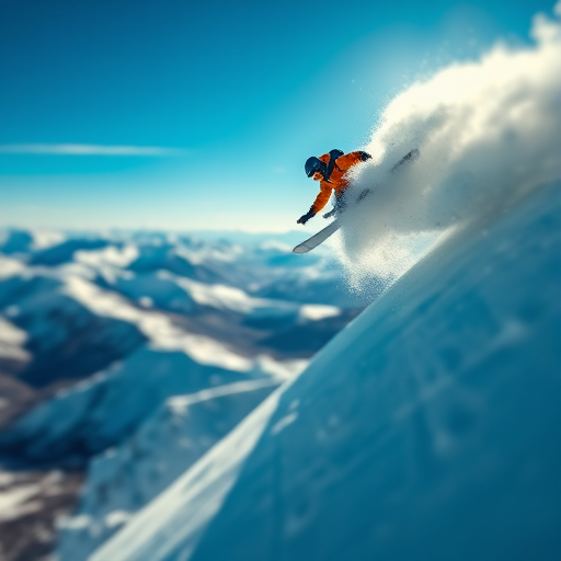 Blurry, action shot of a skier mid-air off a snowy mountain slope, with powder flying up from their skis and the bright blue sky and distant peaks creating a dramatic backdrop.