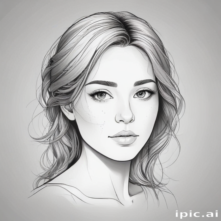Elegant Black and White Illustration of a Young Woman with Flowing Hair