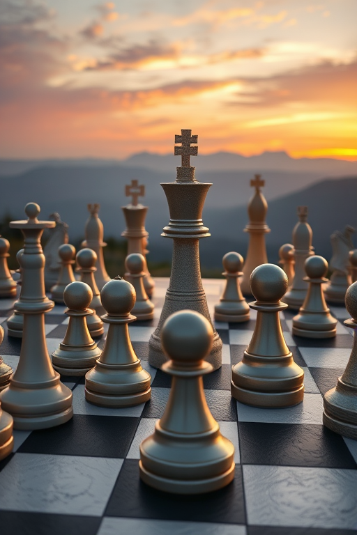 Generate a high-resolution image of an expansive chessboard landscape featuring oversized chess pieces like kings, queens, and pawns, captured with a DSLR camera at f/8 aperture, ISO 100, 24mm lens, during golden hour for enhanced lighting and detail.