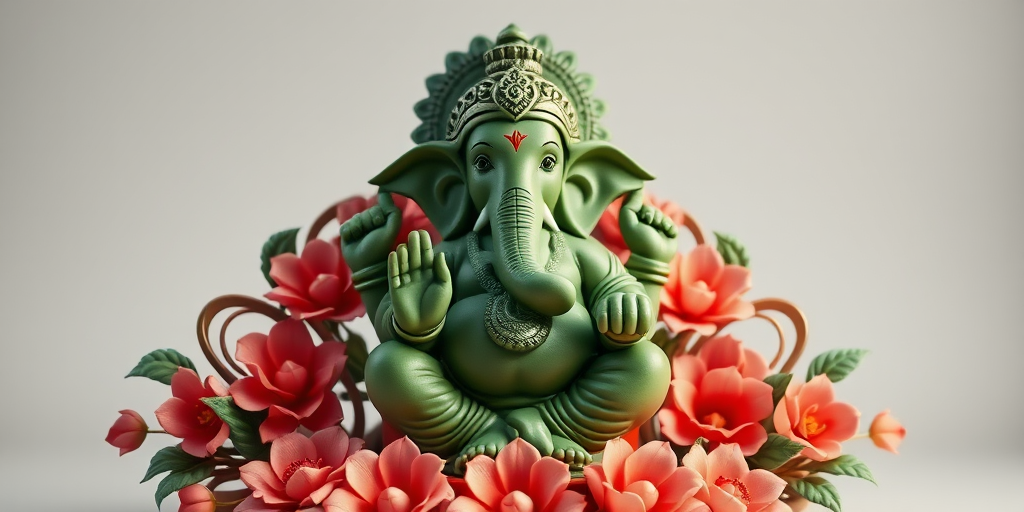 Create a highly detailed 3D rendering of a green Ganesh sculpture surrounded by intricate floral designs, soft studio lighting, depth of field effect, 85mm lens, f/1.8 aperture, ISO 100, shot from a slightly elevated angle to highlight the textures and colors.