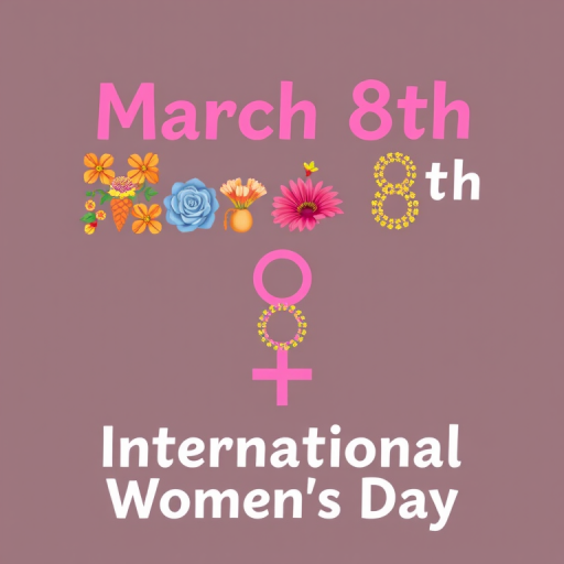 Create a vibrant illustration for International Women's Day, featuring the text "March 8th International Women's Day" in colorful floral patterns, with a feminine symbol incorporated, taken with a DSLR camera at f/2.8 aperture, 50mm lens, ISO 200, natural light, and a shallow depth of field for an artistic effect.
