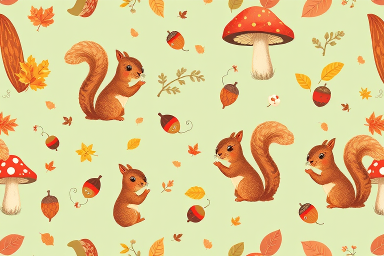 create a whimsical illustration of a pattern featuring cute squirrels, colorful mushrooms, acorns, and autumn leaves on a soft green background using a high-resolution digital art style, with a canon EOS R5 camera at f/2.8, ISO 100, and a 50mm lens for sharp details and vibrant colors