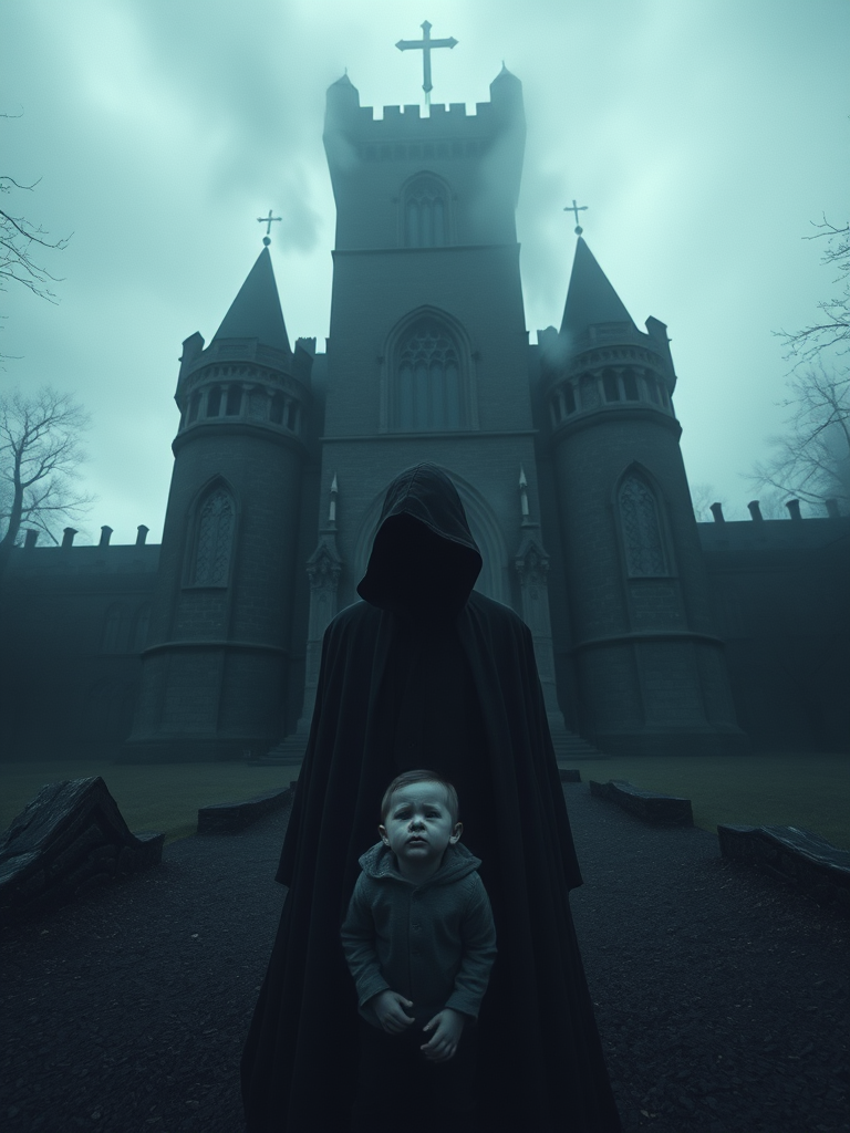 Create a dark and moody atmospheric scene featuring a cloaked figure standing in front of a gothic castle with swirling mist and a child in a distressed posture, shot with a Canon EOS R5, 35mm lens, f/1.4 aperture, ISO 200, 1/60 second shutter speed, wide-angle view.