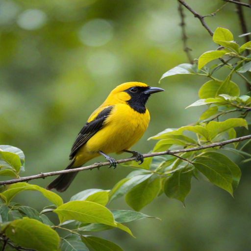 a vibrant yellow bird with black accents perched on a branch surrounded by lush green leaves and a soft blurred background