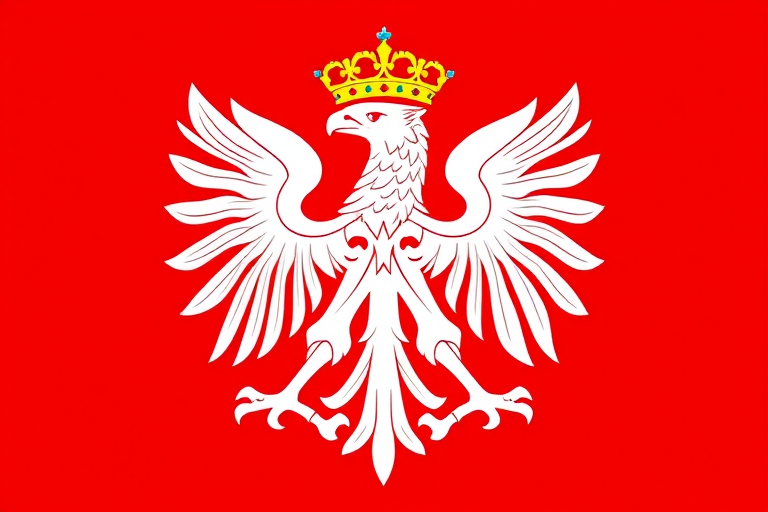 Create a high-resolution image of the Polish coat of arms featuring a white eagle with a golden crown, set against a vibrant red background, using a DSLR camera with a 50mm lens at f/1.8, ISO 100, and a shutter speed of 1/125 sec, capturing a straight-on view with a clean, sharp focus.