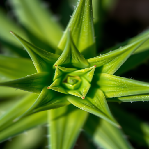 macro photograph of a star-shaped green plant with sharp edges, shallow depth of field, 100mm macro lens, f/2.8, ISO 200, natural light, taken from a low angle for emphasis on detail, DSLR camera