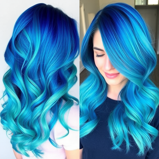 Cerulean blue to seafoam green color melt styled in mermaid waves, named "Oceanic Odyssey" hair, showcasing a pearlescent sheen and beach-inspired texture