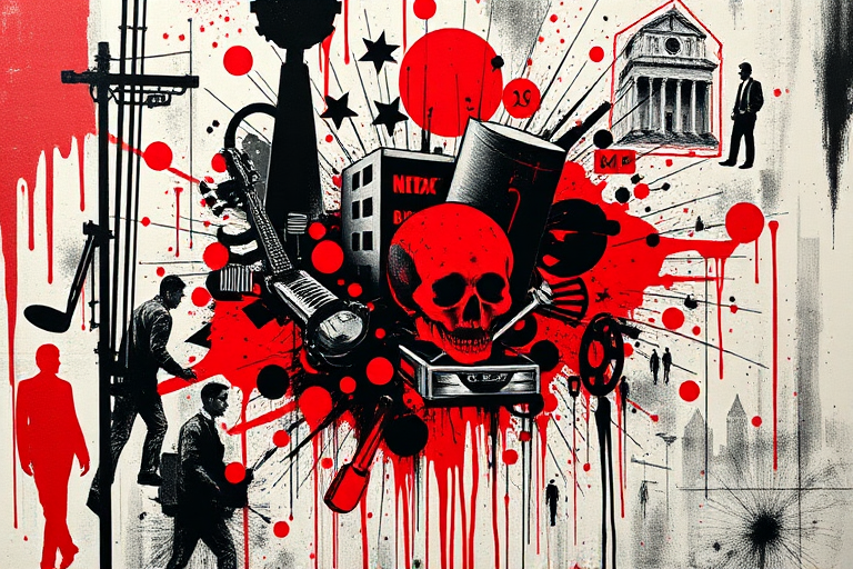 Trash polka tattoo named "Urban Symphony" blending chaotic abstract elements with realistic imagery in a bold red and black color scheme for a striking graphic effect
