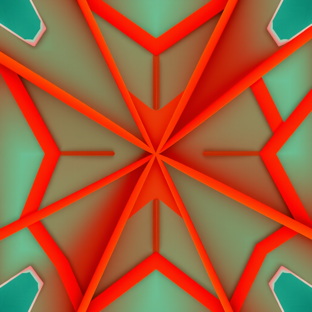 create a vibrant abstract geometric design with converging lines in warm colors of red, orange, and teal, using a Canon EOS R5, 24mm f/1.4 lens, ISO 100, aperture f/8, and a top-down view to enhance symmetry and depth.