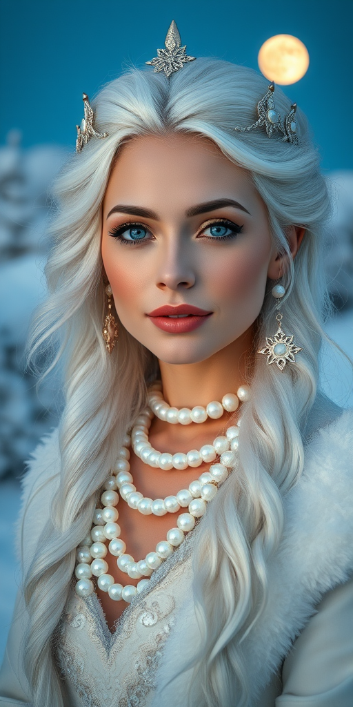 Generate a portrait of a woman resembling a winter queen with white hair and pearl accessories, surrounded by a snowy landscape and the full moon, captured with a DSLR camera, 50mm lens, f/1.8 aperture, ISO 100, shot at twilight for soft lighting and enhanced clarity.