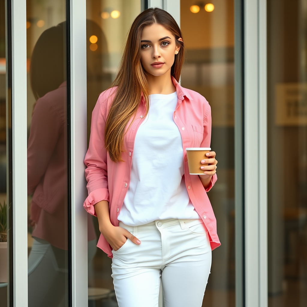 A young woman with long brown hair stands with her back against a glass door, wearing a pink button-down shirt over a white T-shirt and white pants, holding a cup of coffee in her right hand. The woman is looking directly at the viewer, her expression is neutral. Her right hand is tucked into the pocket of her pants while her left hand holds the coffee cup. The lighting is soft and natural, highlighting her features. The background is blurred, with the focus on the woman. The photo is taken from a slightly elevated perspective, showcasing the woman's full figure.