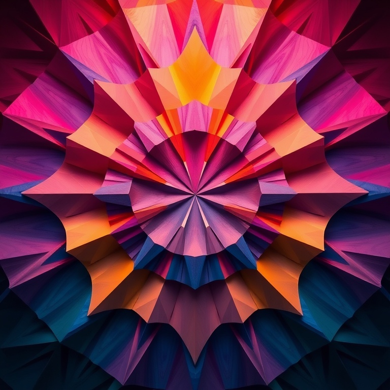 Generate a high-resolution abstract geometric design with vibrant colors, using a Canon EOS R5 camera, 50mm lens, f/1.8 aperture, ISO 100, in a top-down view to enhance texture and detail.