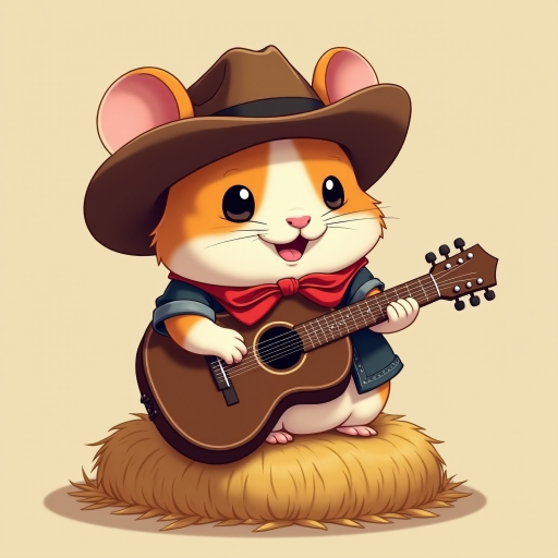 A chibi hamster, dressed as a cowboy, playing guitar, sitting on a hay bale