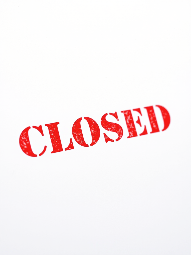 Generate an image of a bold red "CLOSED" stamp on a plain white background, with a DSLR camera using a 50mm lens, aperture set to f/1.8, ISO 100, and a shallow depth of field for enhanced clarity and focus.