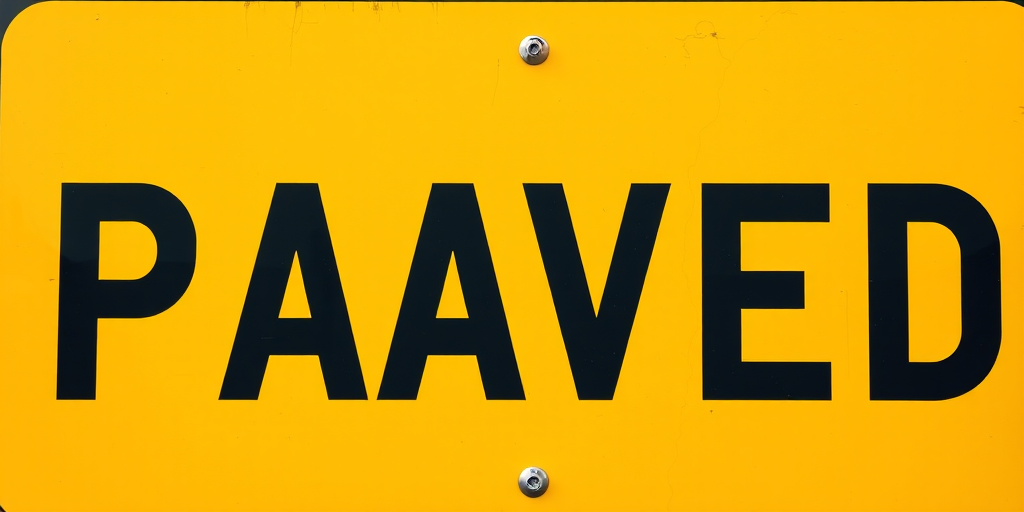 Create a high-resolution image of a rectangular road sign with a yellow background and bold black letters spelling "PAVED," using a DSLR camera with a 50mm lens, aperture set to f/2.8, ISO 100, and a slight angle to capture depth.